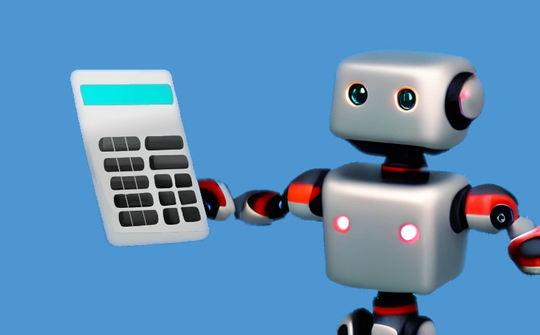 A robot holding a pocket calculator